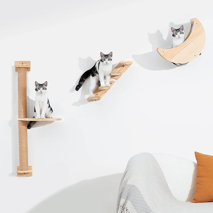 Cat Wall Shelves Scratching Posts - Wall Mounted Moon Hammock Solid Wood Stairs Cat Furniture Floating Climber Toy Hanging Holder Steps for Indoor Cats …