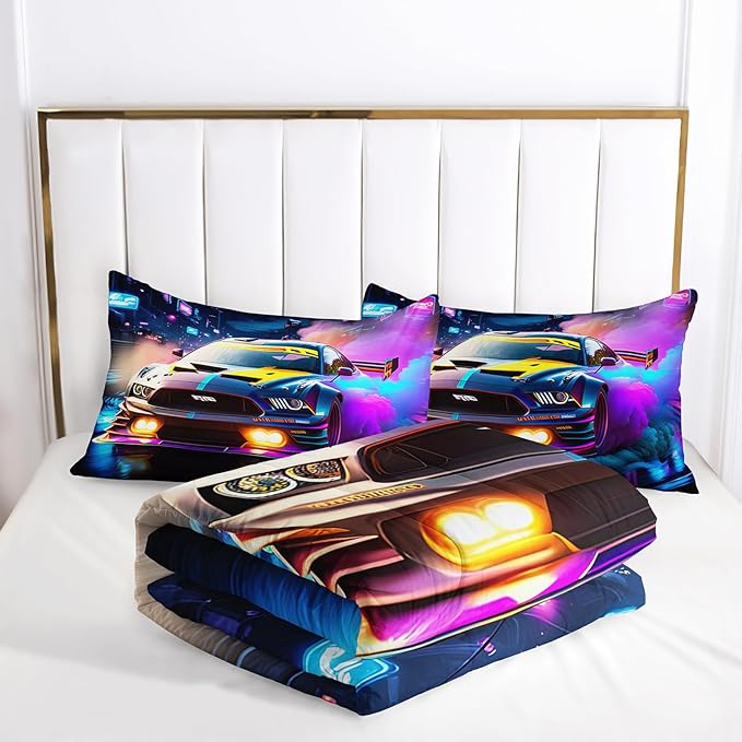 AILONEN Boys Kids Racing Car Bedding Set Twin Size,Neon City Speed Car Themed Soft Comforter with 2 Pillowcases for Room Decor,3 Pieces