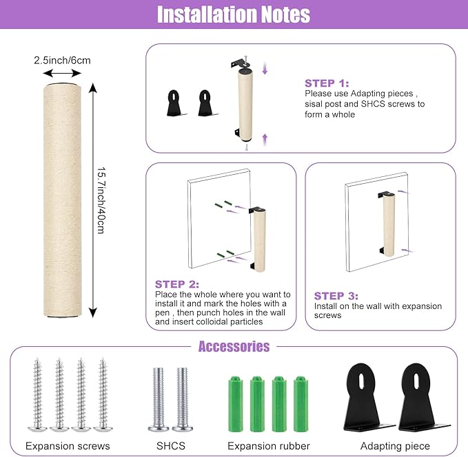 Wall Mounted Cat Scratching Post for Indoor Cats | Kitten Wall Shelves Climbing Furniture| Sisal Rope Cat Claw Scratcher Tree | Solid Wooden Walkway for Cage Mounted Climbing Relaxing