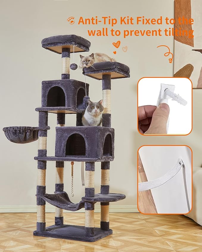 Taoqimiao Cat Tree, 66.2-Inch Cat Tower for Indoor Cats, Plush Multi-Level Cat Condo with 12 Scratching Posts, 2 Perches, 2 Caves, Hammock, 2 Pompoms, Smoky Gray MS013G