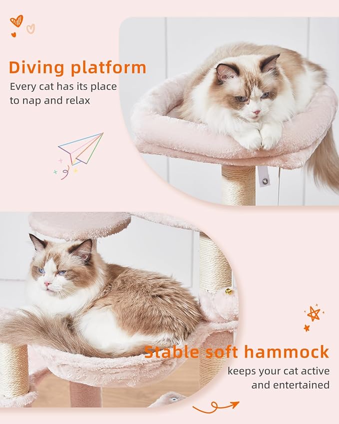 Taoqimiao Cat Tree, 39.4-Inch Cat Tower for Indoor Cats,Suitable for Kittens,Plush Cat Condo with 5 Scratching Posts, Plush Perch,2 Hammock,Pompoms, MS019P Jelly Pink