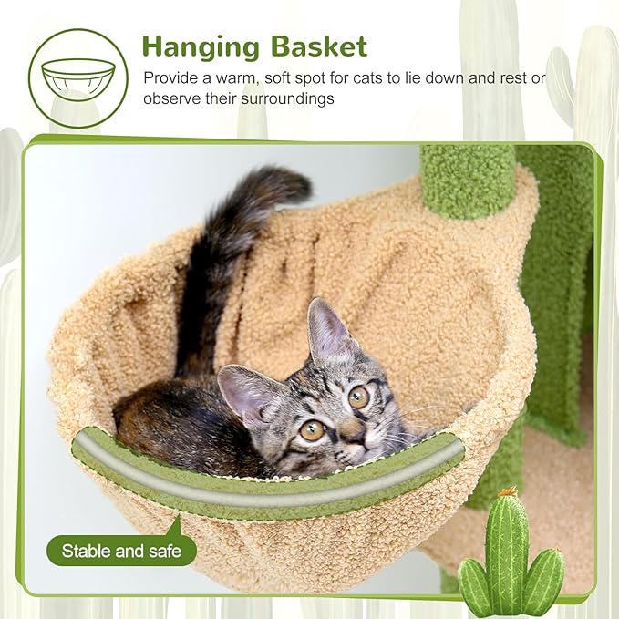 F46C Versatile Play Cactus Cat Tree Tower | 46-Inch Sturdy Cat Condo with Scratching Posts, Hammock, Multiple Platforms & Anti-Tip Kit for Large Multi-Cats | Premium Quality Materials, Green