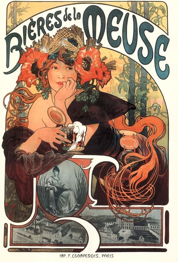 Alphonse Mucha Bieres De La Meuse Art Print Art Nouveau Vintage Beer Advertisement French France 1897 Poppies Wheat Hops Summer Seasons Cool Wall Art Print Poster 12x18