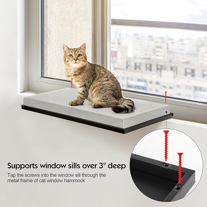 Cat Window Hammock, Metal Cat Hammock Window Seat with Soft Cushion, Window Sill Cat Perch, Kitty Sill for Two Big Cats, 360° Sunny Seat Space Saving Cat Beds Window Perch Shelf for Indoor Cats(Grey)