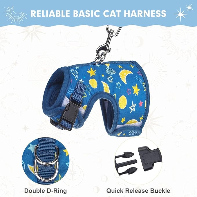 BINGPET Cat Harness with Leash Escape Proof - Fashionable Mesh Cat Dog Walking Harness Leads, Adjustable for Kitties Puppies Small Animals,Galaxy,XL