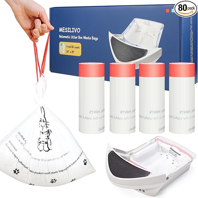 80 Counts Cat Litter box Bags for Automatic Cat Litter Box Self Cleaning, 24 x 29 Inches Extra Thick Cat Liner Bags Compatible with Litter Box Robot 4 and 3(White-Red)