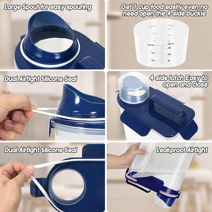 5Lbs Airtight Dog Food Container,Cat Storage Bin, Pet Dispenser BPA-FreeTranslucent Body Upgraded large nozzle for Small Animal Kibble, Bird Bird Seed,Oatmeal,Rice,flour,brown sugart-Royal Blue