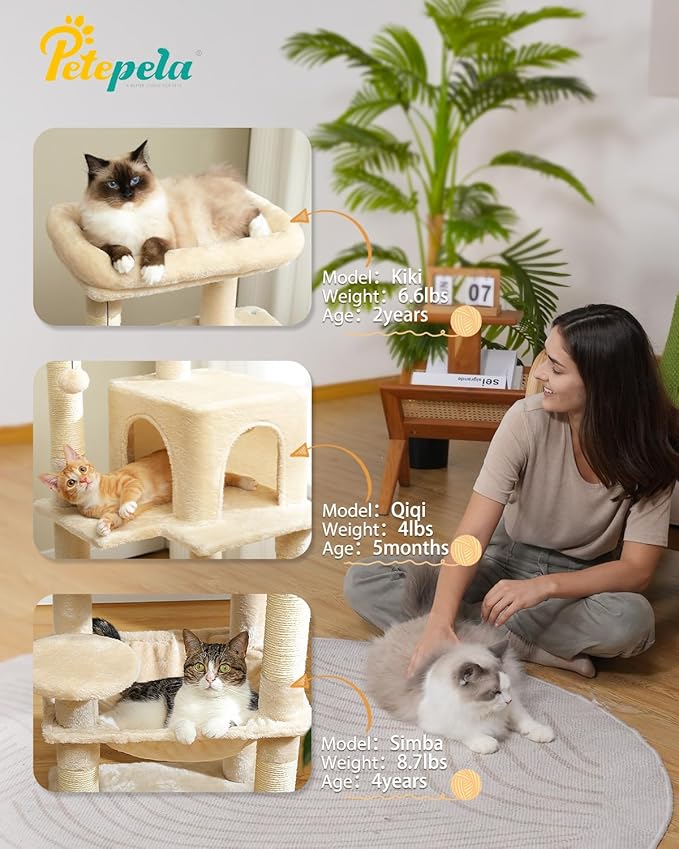 PETEPELA 45.7" Cat Tree for Indoor Cats, 5-Level Cat Tower for Large Cats with Metal Frame Large Hammock (17.3"x15.3"), Cat Condo with (18.5"x13") Big Top Perch & 4 Sisal Covered Scratching Post Beige