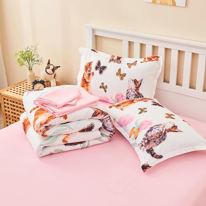 7 Piece Cat Comforter Set Full Size,Kids Girls Bed in A Bag Cute Kitty Butterfly and Flowers Comforter Set for All Season(1 Comforter,2 Pillow Shams,1 Flat Sheet,1 Fitted Sheet,2 Pillowcases)