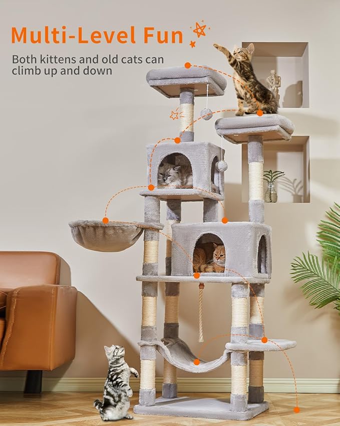 Taoqimiao 66-Inch Cat Tree Cat Tower for Indoor Cats, Plush Multi-Level Cat Condo with 12 Scratching Posts, 2 Perches, 2 Caves, Hammock, 2 Pompoms MS013W Light Gray