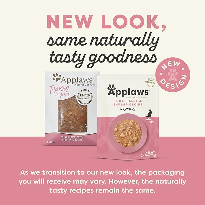 Applaws Natural Wet Cat Food in Gravy, Limited Ingredient Wet Cat Food Pouches, No Additives, Made with Natural Ingredients, Tuna with Shrimp in Gravy (12 x 2.47oz Pouches)