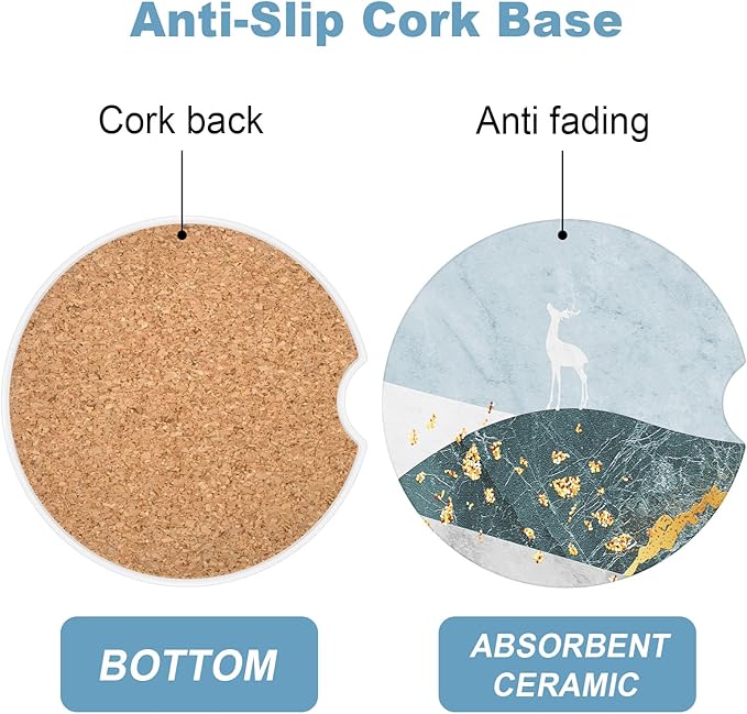 2 Pack Car Cup Holder Coasters, 2.63 inch Anti Slip Insert Absorbent Ceramic Coasters with Cork Base and Finger Notch, Cute Car Accessories for Women