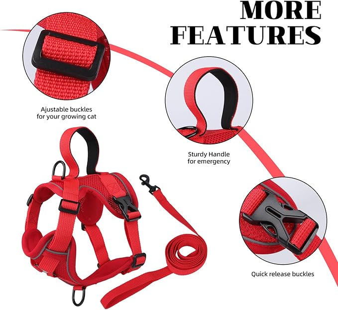 Cat Harness and Leash Set Escape Proof Adjustable Tactical Vest Breathable Kitten Harness with Handle for Walking Reflective Strips Jacket for Dark Night