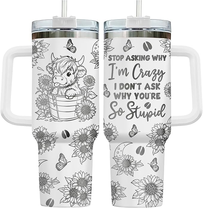 34HD Engraved Cow Tumbler with Handle and Straw, 40oz Insulated Animal Cup, Cute Moo Cattle Coffee Mug, Funny Gifts for Cow Lovers, Cow Print Stuff