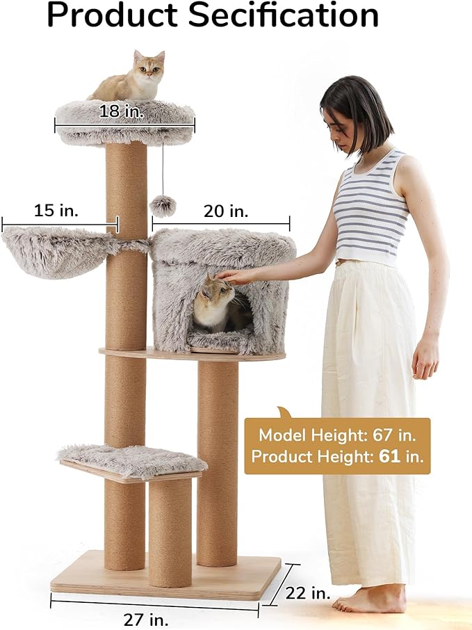 FUKUMARU Cat Tree, 61 Inch 5 in 1 Cat Tower for Indoor Cats, Plush Multi-Level Cat Condo with 6 Scratching Posts, Detachable and Washable Cushions, Activity House with Perch and Hammock for Most Cats
