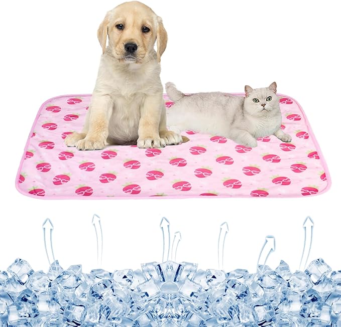 Dog Ice Pad Ice Silk Cats Kennel Mat Pet Cooling Pad Summer Cool Bamboo Mat Breathable Pad (Strawberry, L)
