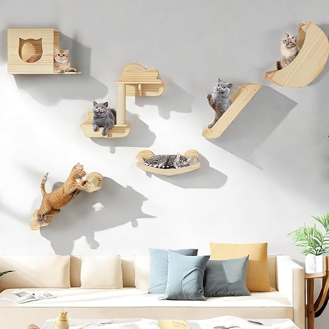 YITAHOME Solid Wood Cat Wall Shelves and Perches for Wall, Pine Wall Mounted Cat Tree Set of 9, Cat Climbing Shelves with Moon Cat House, Cat Bridge Ladder Indoor Mounted Condos House