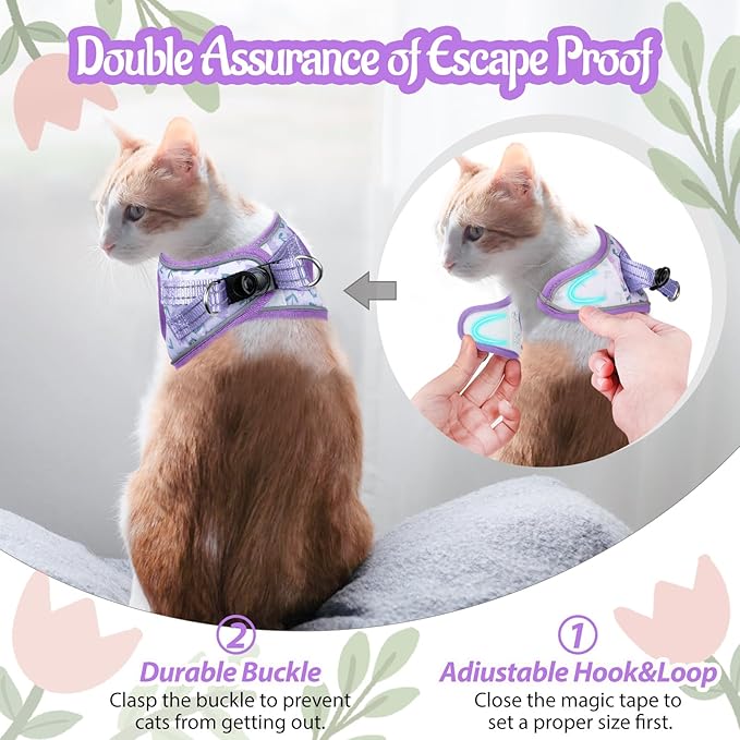 Cat Harness and Leash Escape Proof for Walking, Adjustable Soft Kitten Harness with Reflective Straps Step in Cat Vest Harness for Small Kitten and XS Dogs (Purple, XXS-Chest(8.7"-10.2"))