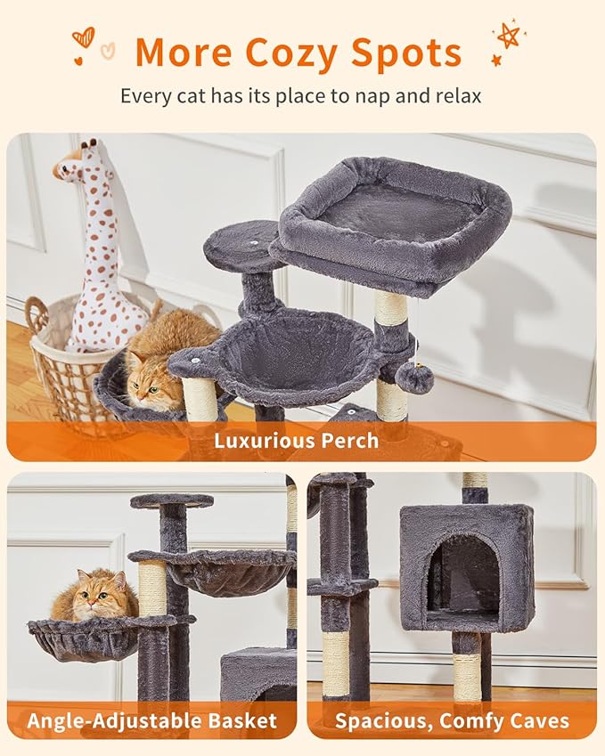Taoqimiao Cat Tree, 39.4-Inch Cat Tower for Kittens, Cat Tree Tower with 5 Scratching Posts, Plush Cat Condo with Plush Perch, 2 Hammock, Pompoms, Smoky Gray MS019G