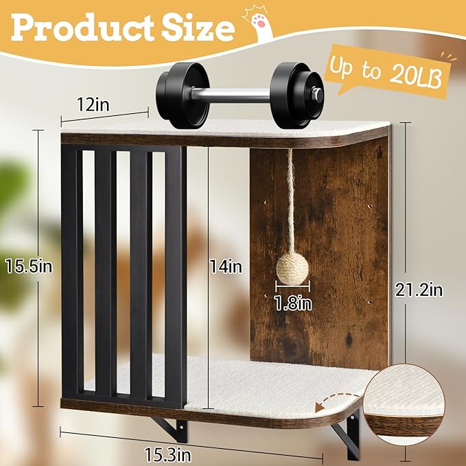 Cat Wall Shelves, 2-Tier Cat Wall Furniture, Small Cat Tree for Indoor Cats, Wood Cat Floating Shelf with Scratching Pad, Sisal Rope Ball, Wall Mounted Cat Tower Cat Perch for Nap, Climb, Play(Brown)