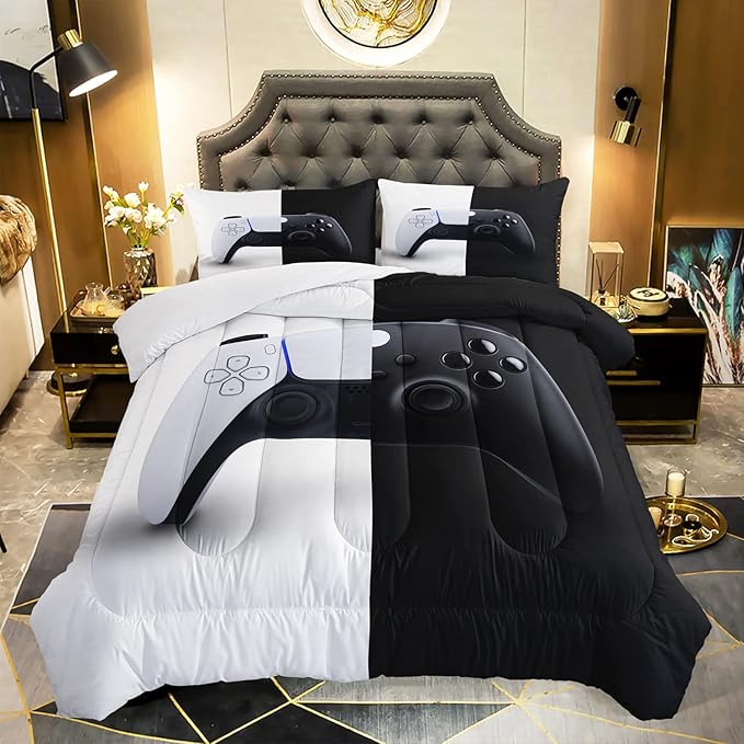 AILONEN Gamer Comforter Sets for Teen Boys, Gaming Bedding Sets Queen Set,Video Game Bedspread,Game Duvet,Gamepad Bed Set,Controller Quilt Set,3 Piece 1 Comforter and 2 Pillowcases, Gamepad64