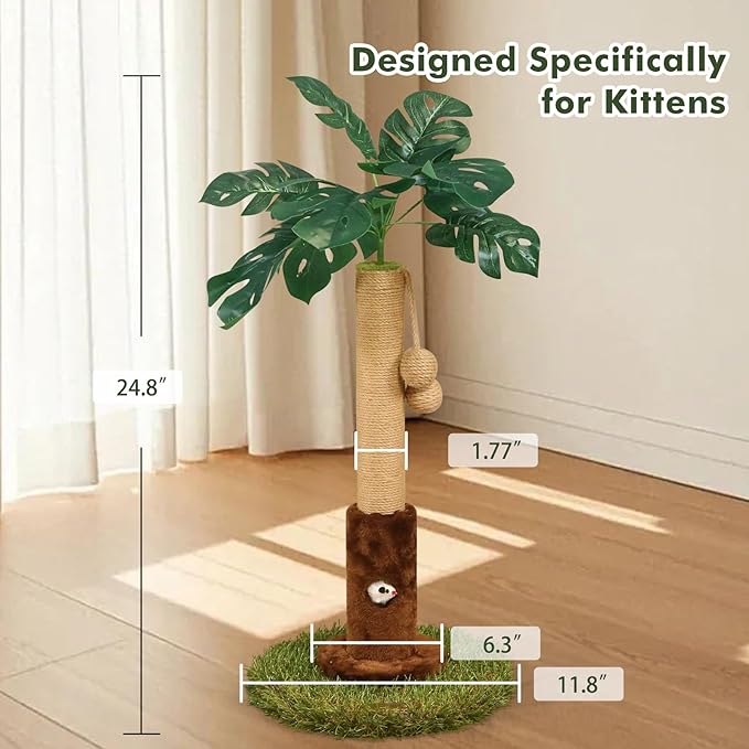 Cat Scratching Posts Cat Trees 26.4" Tall with Sisal Rope Cat Toy and Hanging Ball for Indoor,Wooden Palm Tree Cat Scratch Pole for All Cat
