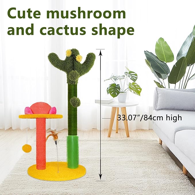 33" Tall Cat Scratching Post, Cactus and Mushroom Combination Cat Scratcher, Cat Toy with Removable Cat Teaser, Cat Scratch Tree Post with 3 Balls