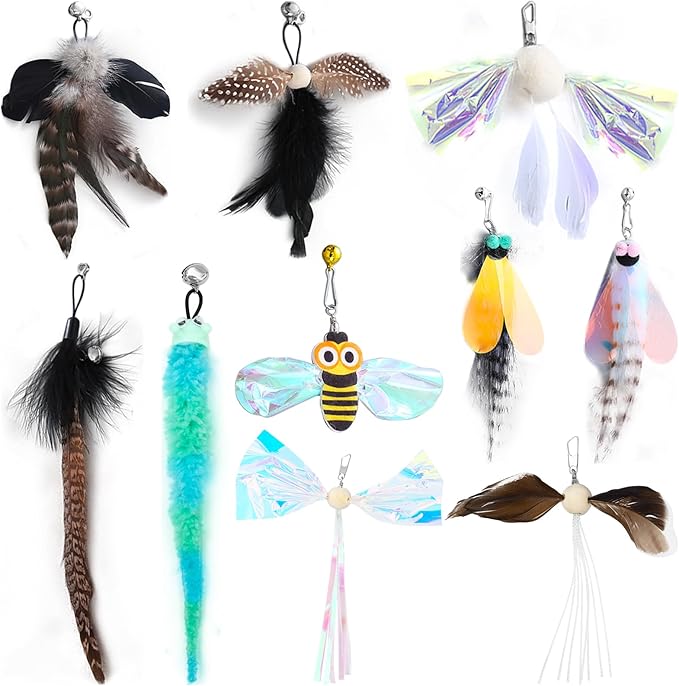 10 Pieces Cat Insect Feather Toys Replacement Cat Toy Wand Refills Interactive Cat Teaser Wand Attachments with Bell for Cat Toy