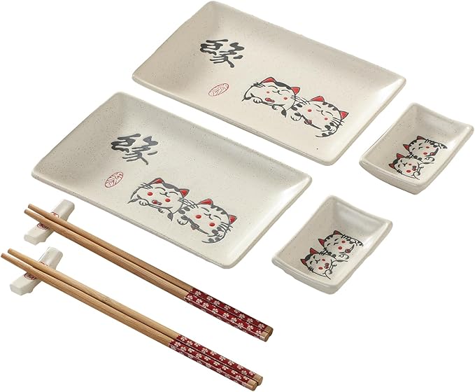8 pcs Japanese Sushi Plate Sets Serving Platters and Trays for Entertaining Sushi Dishes Set Plates Sushi Plates Traditional Cuisine Dinnerware Sets with Chopsticks Cat