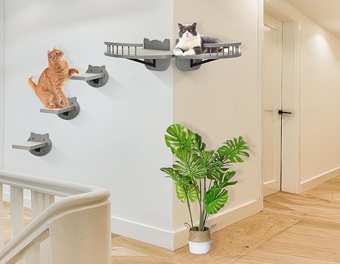 Y&ME YM Cat Wall Shelves, Cat Shelves and Perches for Wall, Wood Cat Wall Furniture with 3 Cat Wall Steps Cat Scratch Post, Indoor Cat Climbing Shelf (Gray)