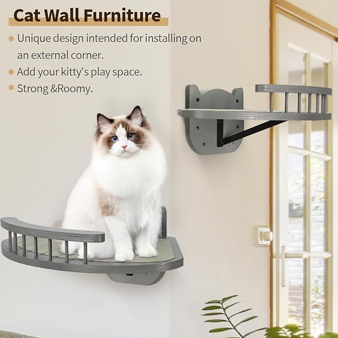 Y&ME YM Cat Wall Shelves, Cat Shelves and Perches for Wall, Wood Cat Wall Furniture with 3 Cat Wall Steps Cat Scratch Post, Indoor Cat Climbing Shelf (Gray)