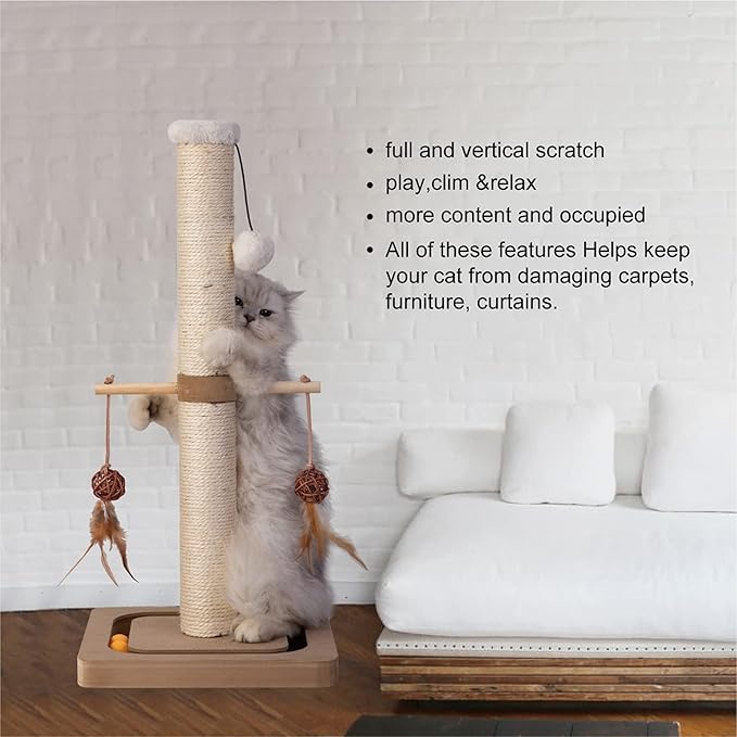 PEEKAB Cat Scratching Post Premium Sisal Scratch Posts with Tracking Interactive Toys Vertical Scratcher for Indoor Cats and Kittens- 25 inches Beige