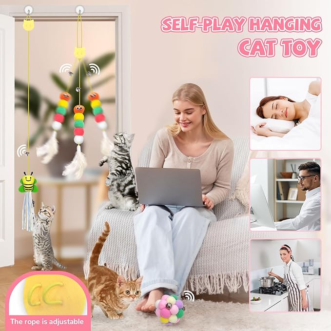 6pcs Door Hanging Cat Toys for Indoor Cats Self Play, Kitten Cat Toys for Bored Indoor Adult Cats, Cute Cat Ball Toy with Bell, Colorful Realistic Bee Dragonfly Caterpillar Interactive Cat Toy