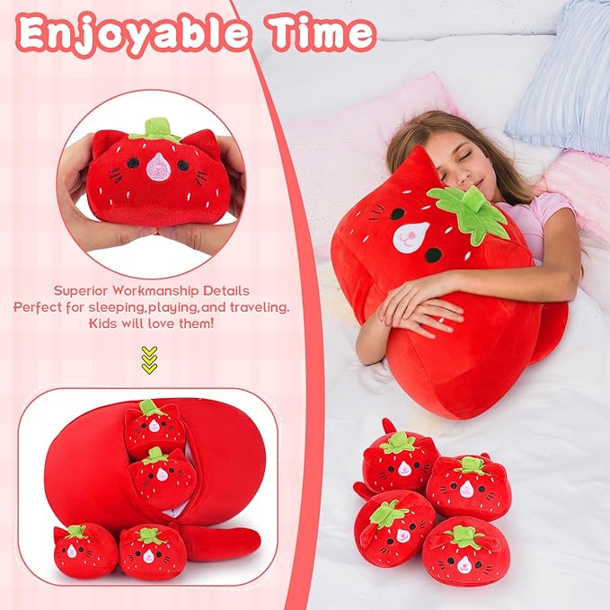 5 PCS Strawberry Cat Plush Stuffed Animal Family-19" Soft Strawberry Cat Plush, Large Mommy Plushies with 4 Baby Kittens Plushies, Kawaii Plushie Toy Christmas Birthday Gifts for Kids Boys