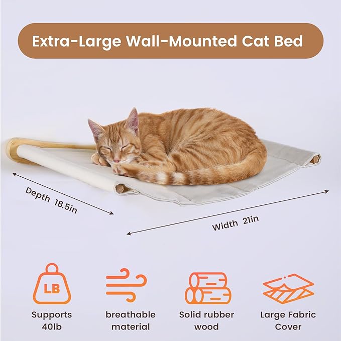 Cat Wall Shelves & Hammock Premium Durable Wood Construction Comfy Cat Beds for Large Cats & Kittens Ideal Indoor Cat Furniture for Climbing, Sleeping & Play (21 * 18.5 Inch Cotton Canvas)