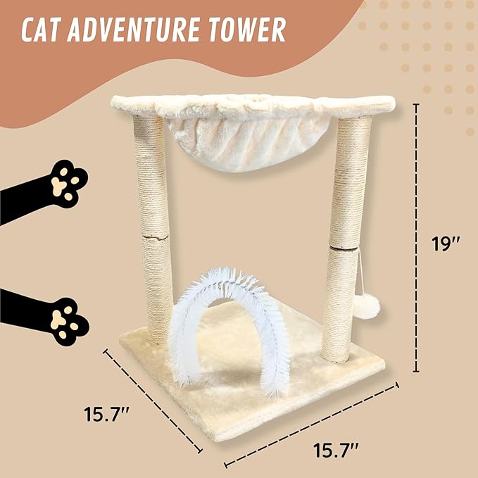 POLIPETS 19” Tall Cat Tower with Hammock,Sisal Scratching Posts and Pets Self Groomer Massager, Soft Hanging Basket Perch Hammock,Indoors Cat Furniture 16x15”, Beige