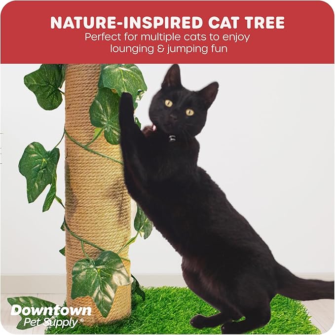 Downtown Pet Supply 4-Level Tall Cat Tower for Indoor Cats, Synthetic Grass - Tightly Woven Sisal Rope Cat Scratching Post with Stable Wooden Base - Extends from 93-97.5"
