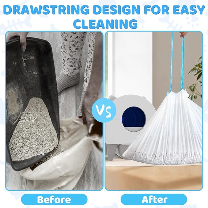 45 Count Extra Large Cat Litter Box Liners - Drawstring Cat Litter Bags for Self Cleaning Litter Boxes, 25x15 Inches, No Mess, No Odor, Easy to Install and Dispose, Hygienic and Durable Litter Liners