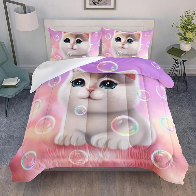AILONEN Kawaii Cat Comforter Set Twin Size, Bubble Lovely Hairy Cat Bedding for Kids Girl and Toddler,Soft and Lightweight 3Pcs (1 Comforter + 2 Pillowcases) Pink