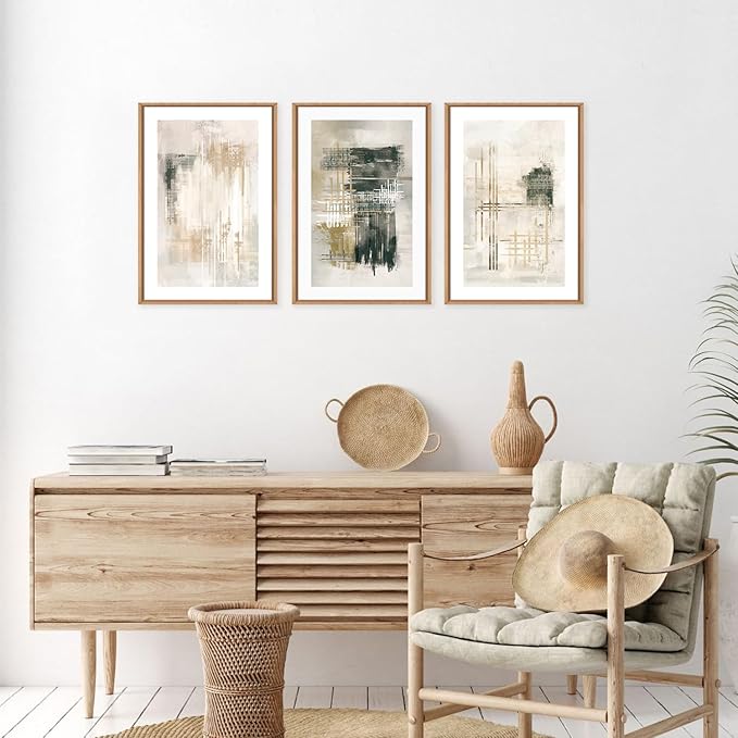 Ausril Modern Abstract Framed Canvas Wall Art Set, Neutral Beige Shape Wall Decor, Black and White Block Wall Painting, Minimalist Paint Stroke Art Print for Living Room, Bedroom, Office 16"x24"x3