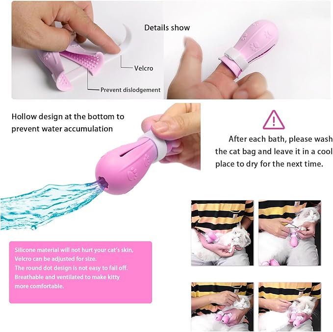 Anti-Scratch Silicone cat Shoes,Cat Claw Covers,Adjustable Multifunctional Anti-Bite Shower net Bag，Cat Grooming Mesh Bag, Pet Medical Shoes,Cat Bathing Bag (Pink)