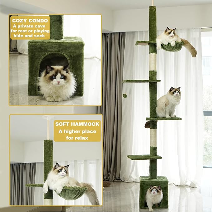 Floor to Ceiling Cat Tree, 5-Tier Height (95-109 inches) - Adjustable Cat Climbing Tower with Sisal Scratching Posts, Cat Condo, Hammock, Platforms, and Hanging Balls