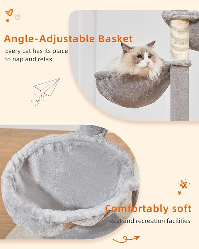 Taoqimiao Cat Tree, 51-Inch Cat Tower for Kittens, Cat Tree Tower with 5 Scratching Posts, Plush Cat Condo with Plush Perch, 2 Hammock, Pompoms, Light Gray MS019XL-W
