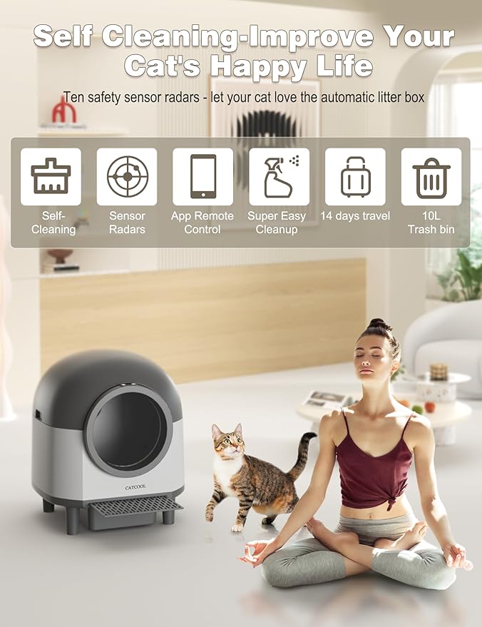 Automatic Cat Litter Box Self Cleaning,Smart Litter Box with 10 Safety Sensor Radars,100L Electric Cat Litter Box with Stairs for Multiple Cats,APP-Control,Advanced Odor Control OMCPET-Black