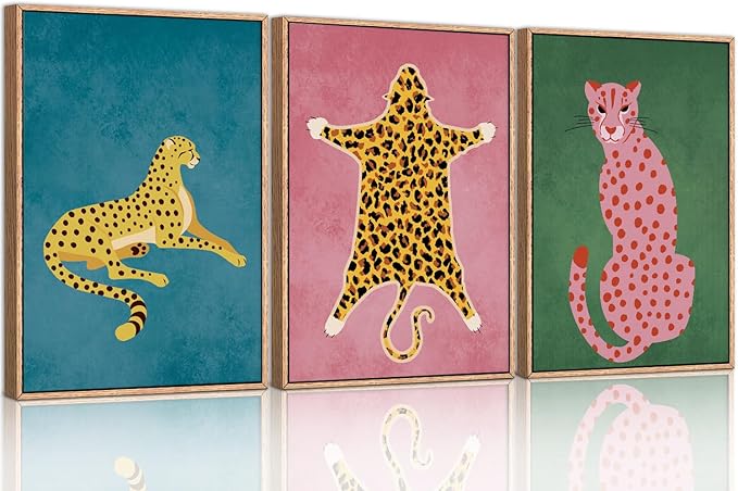 Ausril Cheetah Animals Framed Canvas Wall Art Set, Leopard Preppy Room Wall Decor, Modern Boho Cats Wall Painting, Pink Dot Cartoon Art Print for Living Room Bedroom Dinning Room Office 16"x24"x3