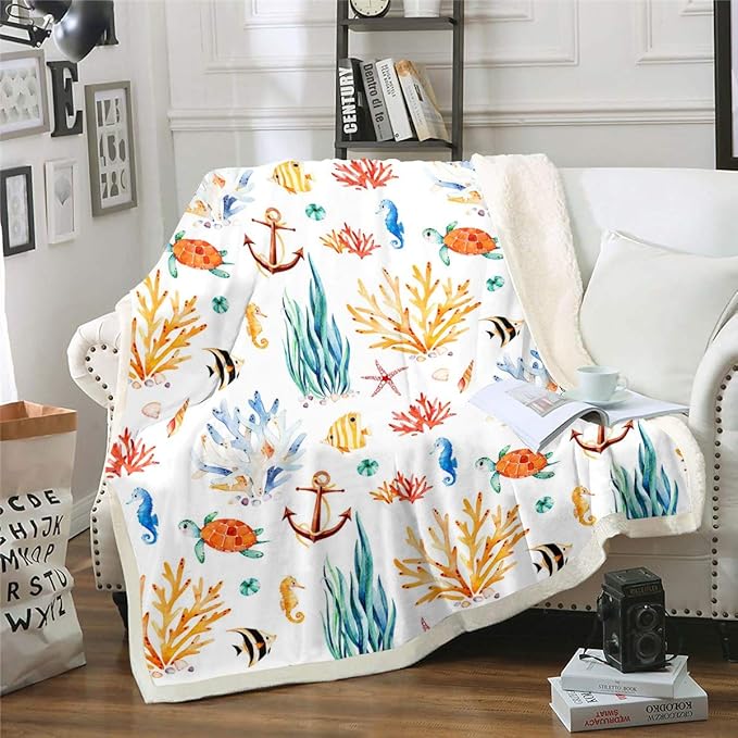 Anchor Fleece Throw Blanket Cute Turtle Seahorse Plush Blanket for Sofa Couch Bed Cartoon Coral Reef Seaweed Sherpa Blanket Sea Underwater World Fuzzy Blanket Colorful Room Decor Twin 60x80 Inch
