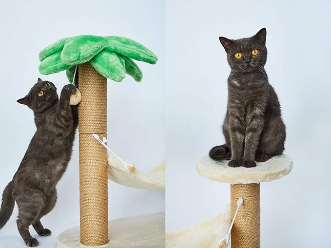 LUCKITTY Small Cat Scratching Posts Kitty Coconut Palm Tree-Cat Scratch Post for Cats and Kittens - Natural Jute Sisal Scratch Pole Cat Scratcher (Post &Hammock)