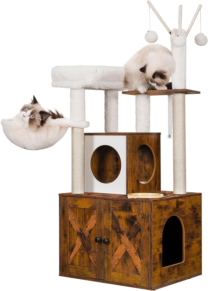Heybly Cat Tree, Wood Litter Box Enclosure with Food Station, All-in-one Indoor Cat Furniture with Large Platform and Condo, Modern Style Cat Tower, Hammock, Rustic Brown HCT102SR