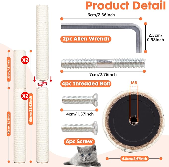 PowerKing Natural Sisal Replacement Scratching Post, 4 Pieces M8 Cat Scratch Post Refill Pole Parts for Refurbishment, White, Include Screws,15.74''+15.74''+7.87''+7.87''