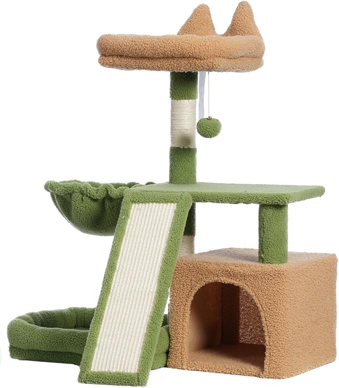 Cat Tree, Cat Tower with condo, Basket, Large Bed, Platform, Scratch Board, Cat Scratching Posts for Indoor Cats, Green and Yellow GCT002SGY